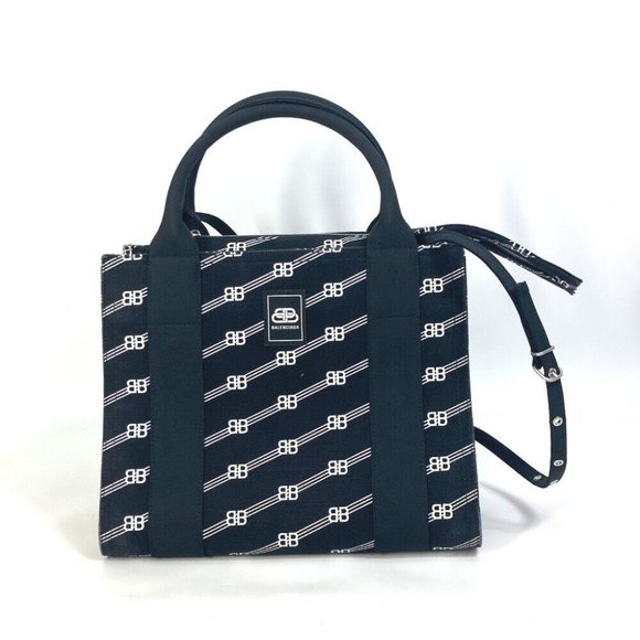 BALENCIAGA BB Trade S Tote Bag Hand Bag Canvas Black/White - Picture 1 of 15